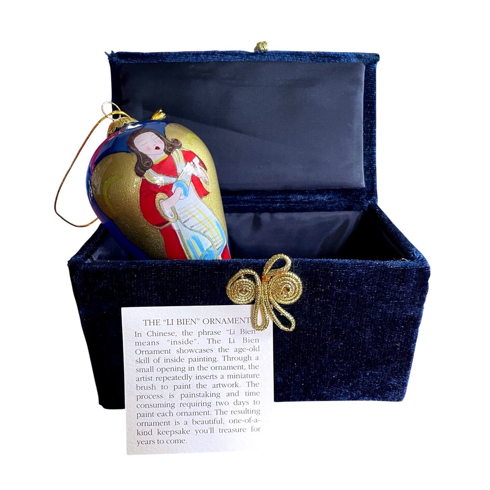 Li Bien 2000 Angel Glass Christmas Ornament Hand Painted Inside Blue Velvet Box